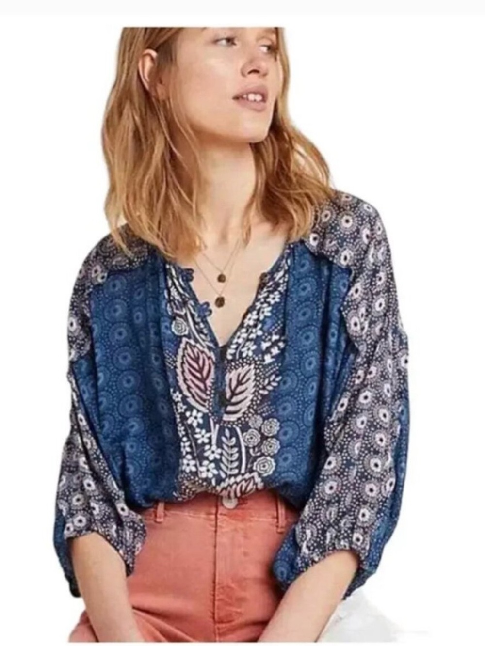 Anthropologie Maeve Letizia Ruffled Blouse Blue Floral Boho Large